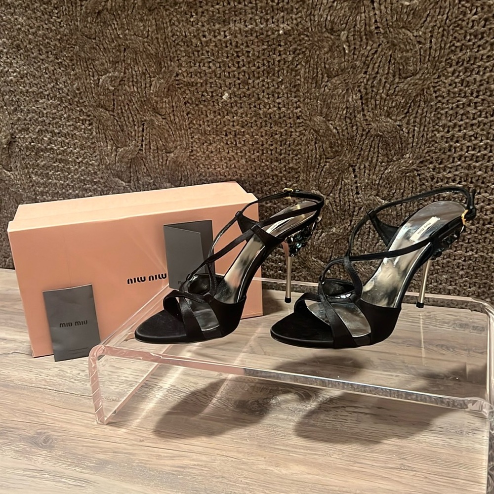 MIU MIU *NEW* black satin sandals with jeweled embellished heel Sz 38.5